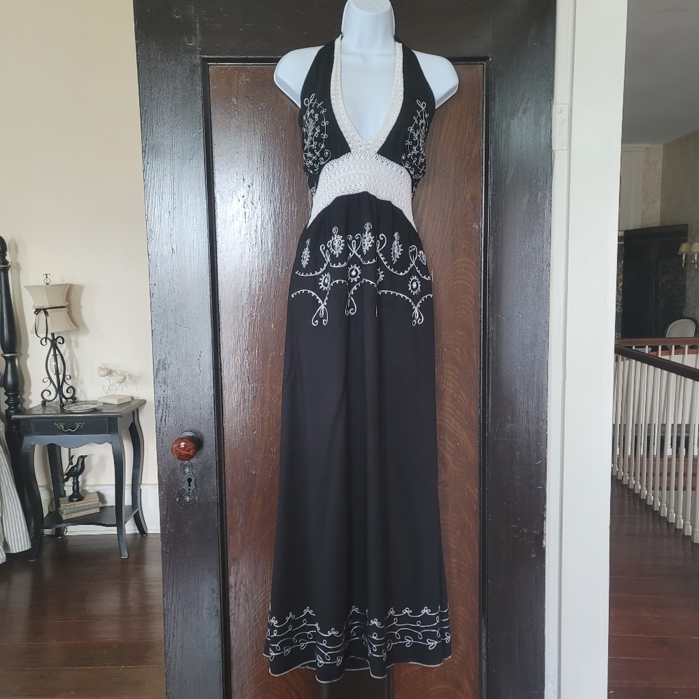 Long black halter neck dress with white embroidery. SZ L